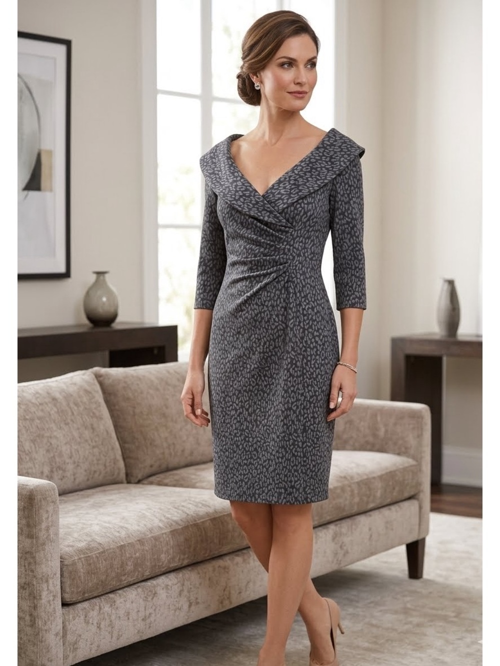 Kay Unger Black and Gray Shawl Collar Dress Size 14 Quiet Luxury Dinner Date
